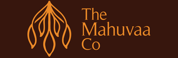 The Mahuvaa Co logo in orange on a solid dark brown background.